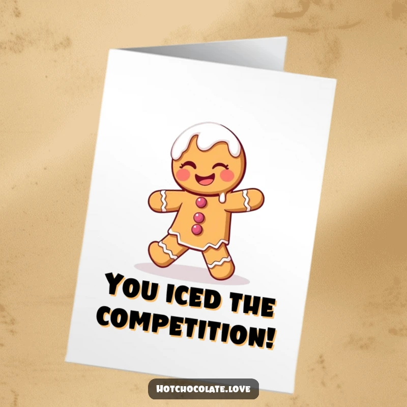 Funny Free Printable Congratulations Card: a winking gingerbread man dancing with icing dripping, cheering for success.