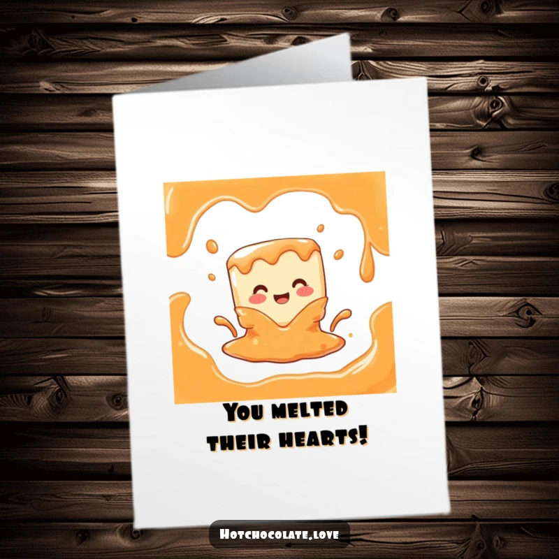 Funny Free Printable Congratulations Card: A joyful caramel cube character happily melting into a puddle, celebrating a sweet achievement.