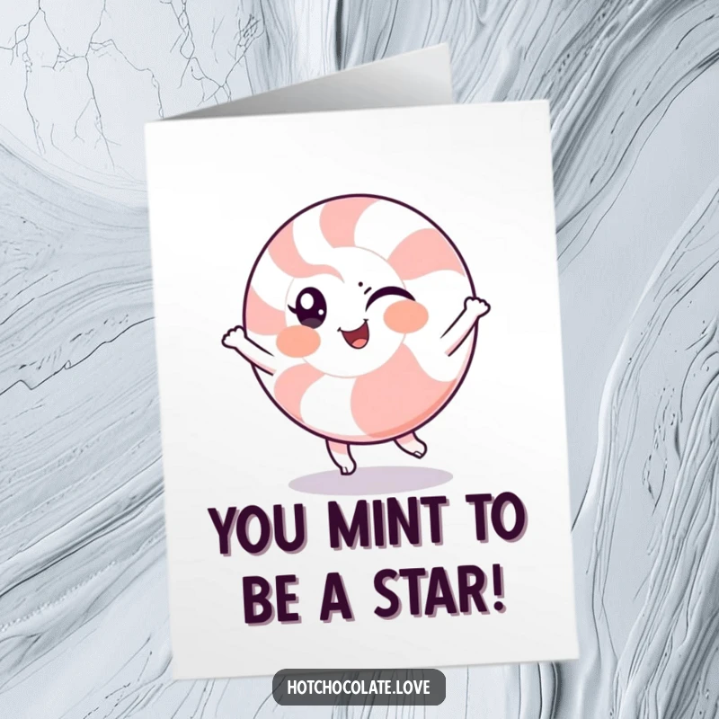Funny Free Printable Congratulations Card with a winking peppermint character doing a celebratory spin.