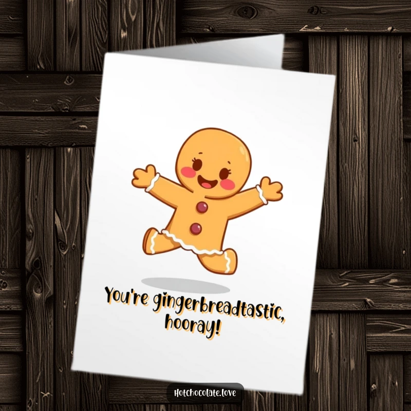 Funny Free Printable Congratulations Card: A gingerbread person jumps with joy, radiating celebratory energy.