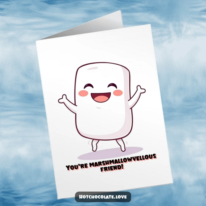 Free printable congratulations card of a grinning marshmallow performing a silly, celebratory dance.