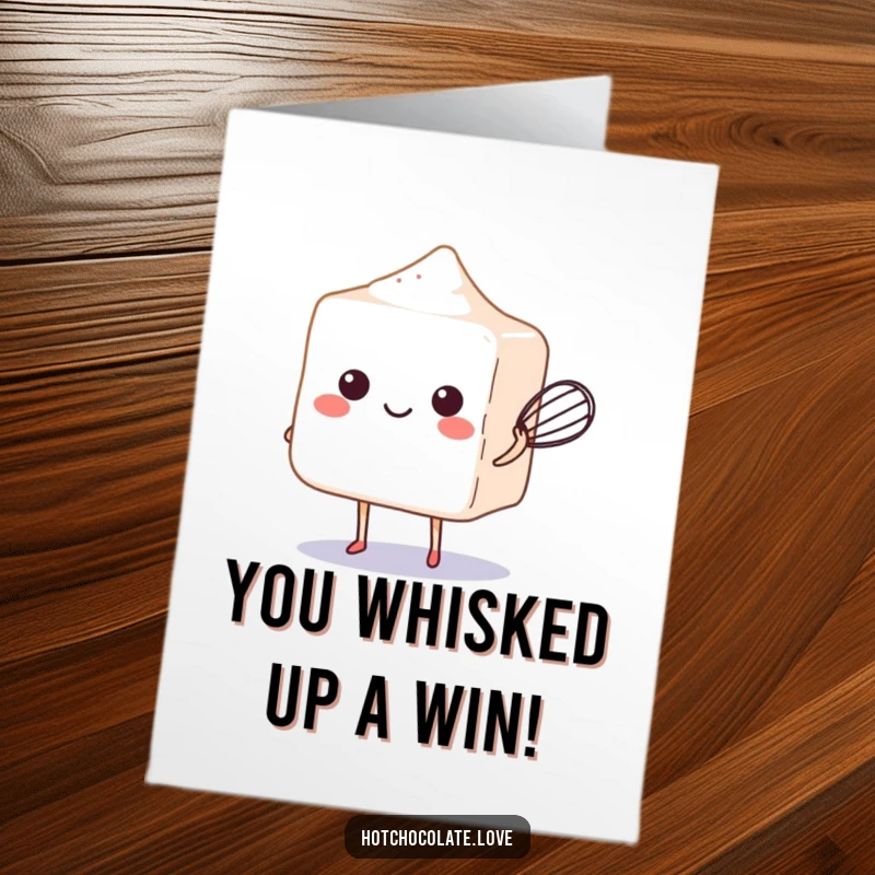 Funny Free Printable Sugar Cube Card: A beaming sugar cube skillfully balancing a tiny whisk, celebrating a fantastic accomplishment with style.