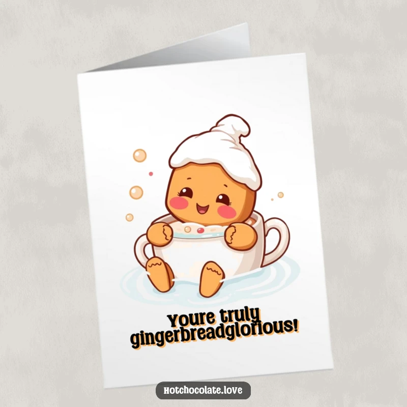 Funny Free Printable Congratulations Card, a happy gingerbread person swimming joyfully in a hot chocolate bath.