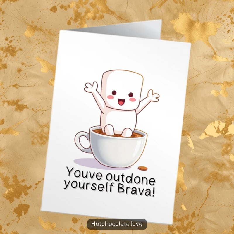 Funny Free Printable Congratulations Card, a happy marshmallow character making a big splash as it dives into hot chocolate.