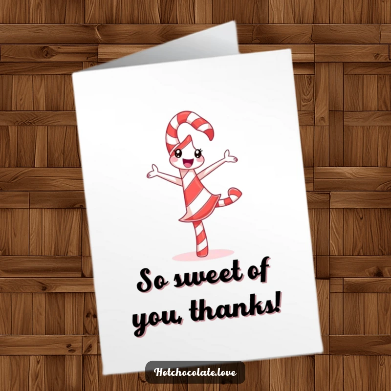 Funny Free Printable Thank You Card: a candy cane doing a silly pirouette, expressing sweet gratitude.