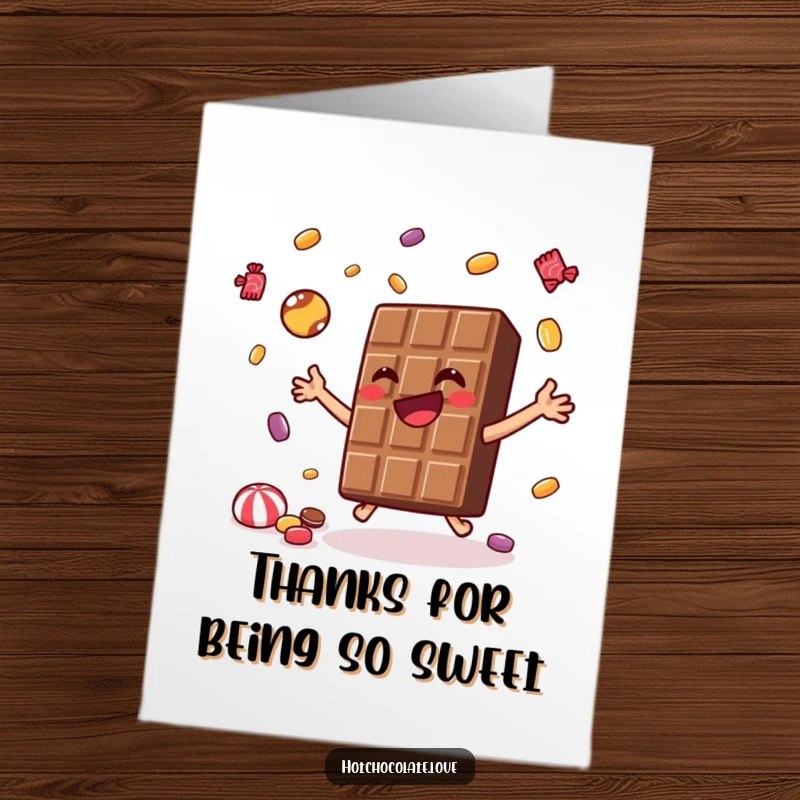 Funny Free Printable Thank You Card: joyful chocolate bar juggling candies, sending sweet thanks with a big smile.