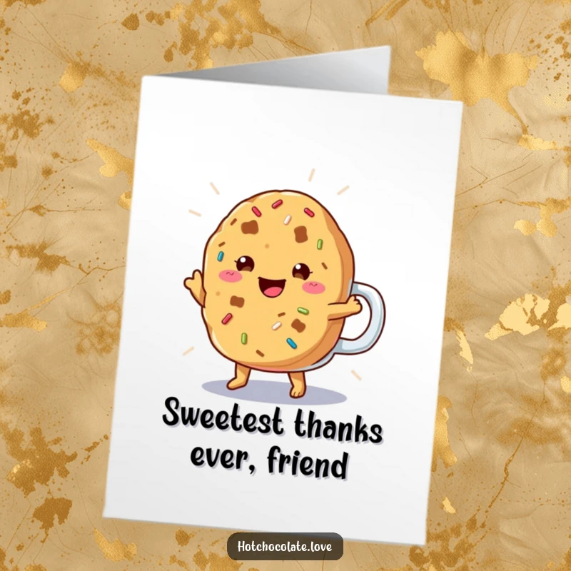 Funny Free Printable Thank You Card: a cookie doing a happy jig in a frosty mug, expressing gratitude.