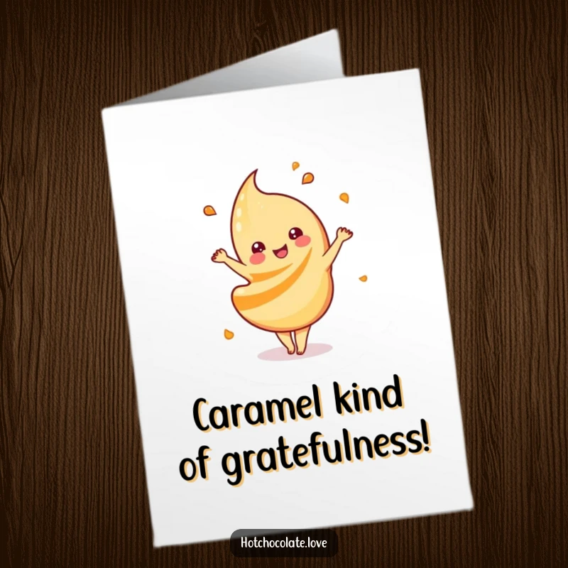 Funny Free Printable Thank You Card: Caramel swirl dancing happily, expressing thanks with sweetness.