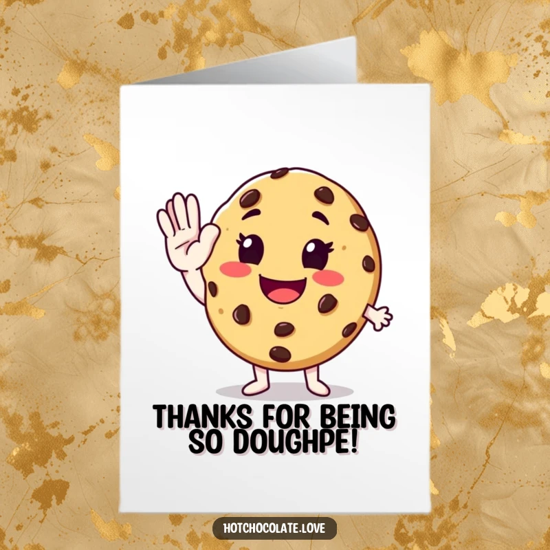 Funny free printable thank you card: Smiling chocolate chip cookie offering an enthusiastic high-five illustration.