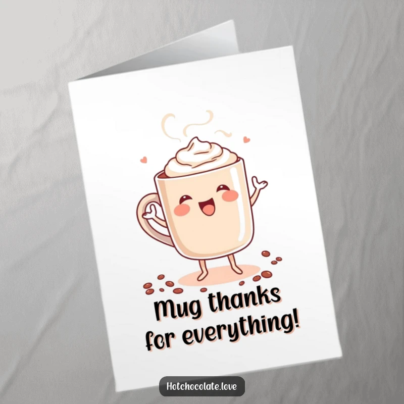 Funny Free Printable Thank You Card: A steaming mug of hot chocolate does a happy dance, conveying warm and cheerful thanks.