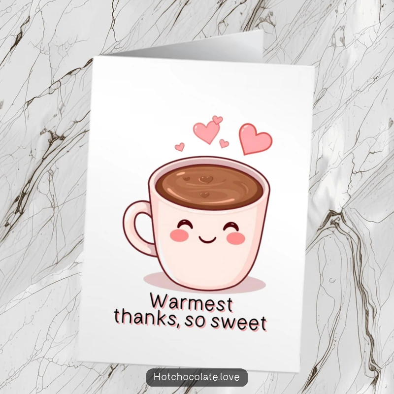 Funny Free Printable Thank You Card: A smiling, anthropomorphic mug of hot chocolate with heart steam says thank you.
