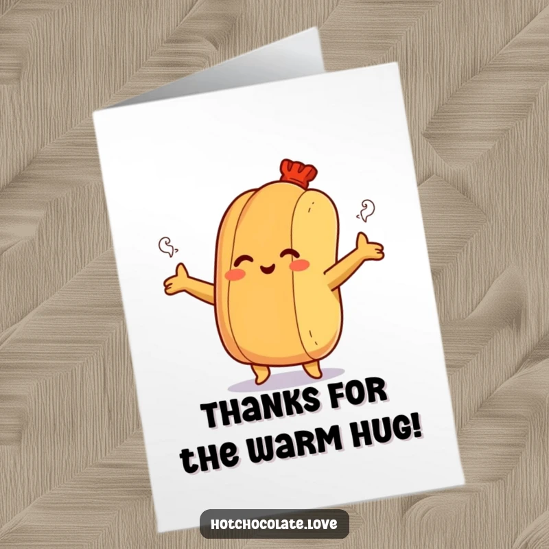Funny Free Printable Thank You Card: Smiling hot dog bun with outstretched arms, giving a steamy, comforting hug.