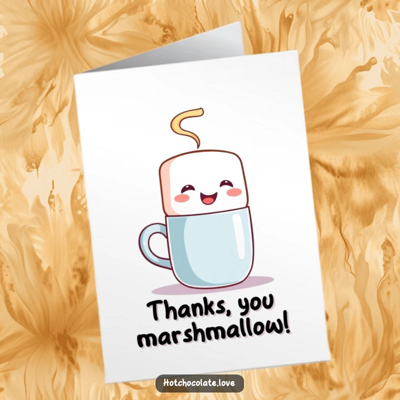 Funny Free Printable Thank You Card of a joyful marshmallow character stirring a hot mug, a sweet way to say thank you.