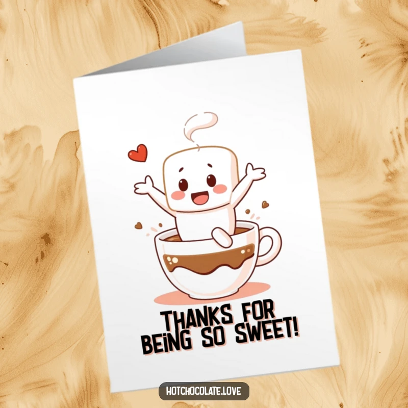 Funny Free Printable Thank You Card: A cheerful marshmallow character leaps into hot chocolate, conveying thanks with a sweet, bubbly dive.