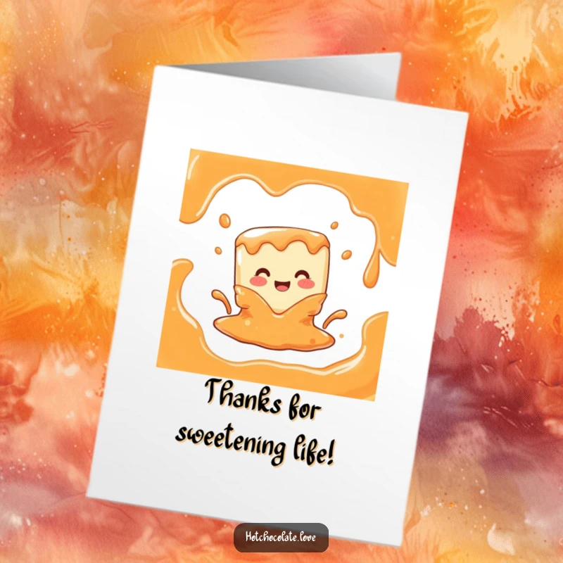 Funny Free Printable Thank You Card: A joyful caramel cube character gleefully melting into liquid, expressing sweet gratitude.