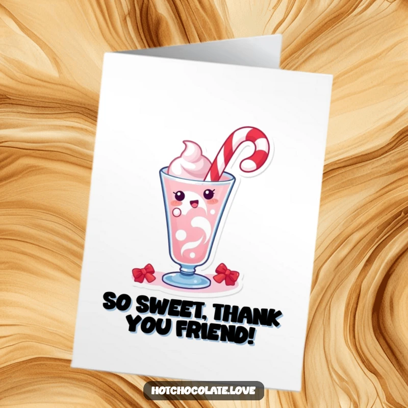 Funny Free Printable Thank You Card: A cheerful candy cane character doing a festive swirl in a drink.