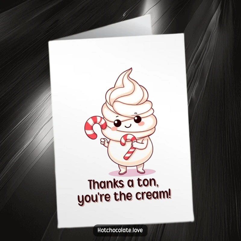 Funny Free Printable Thank You Card showing proud whipped cream with a candy cane, perfect for a sweet thank you.