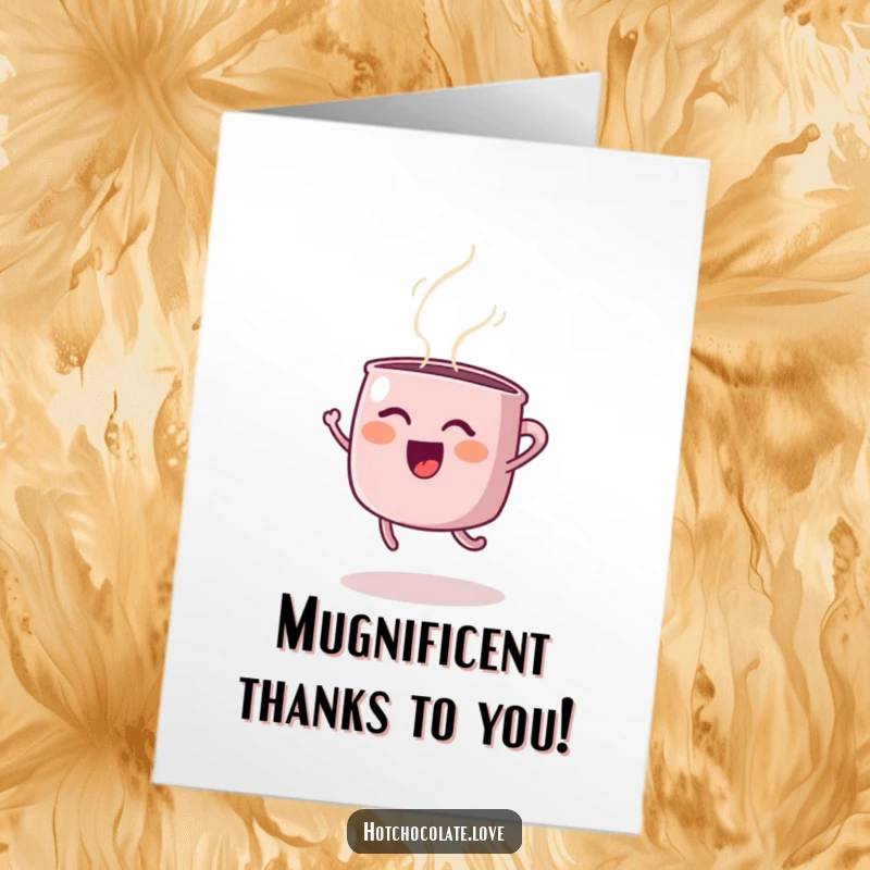 Funny free printable thank you card featuring a steaming coffee mug with legs, leaping with happiness.