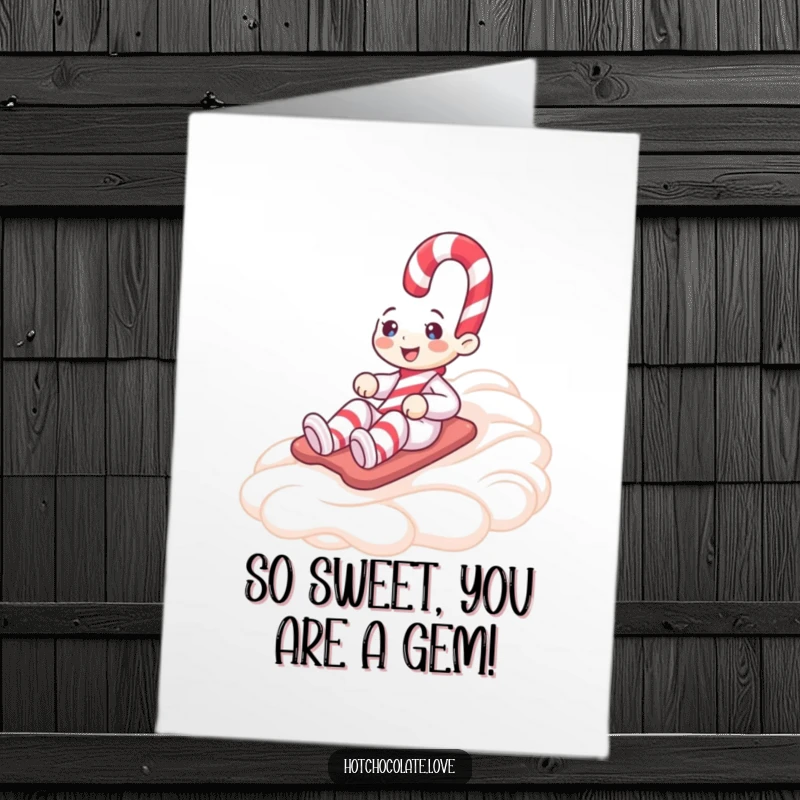 Funny Free Printable Thank You Card, a cheerful candy cane character sliding down a whipped cream slope with gratitude.