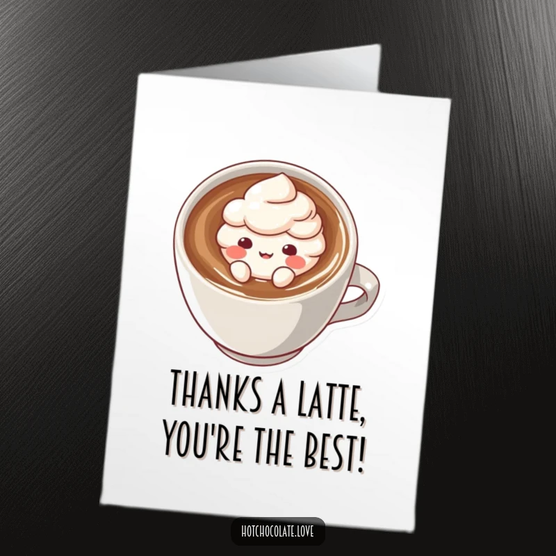 Funny Free Printable Thank You Card featuring a cute cocoa powder puff character giving a thankful wave in a hot drink.