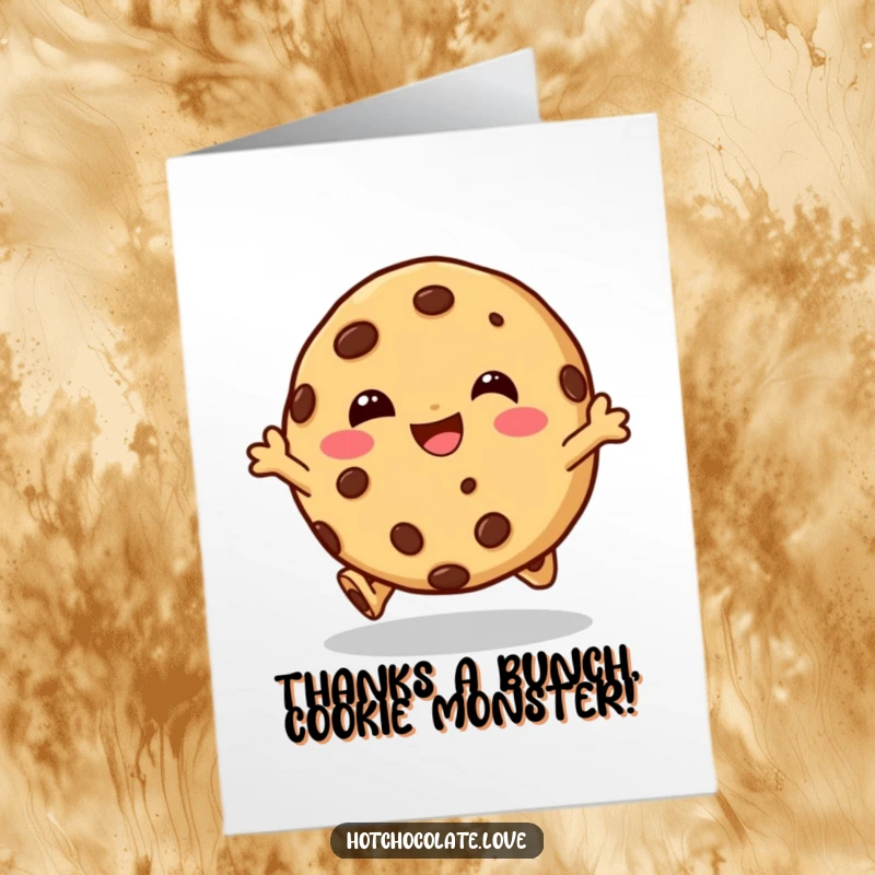 Funny Free Printable Thank You Card featuring a happy chocolate chip cookie character hopping joyfully to say thanks.