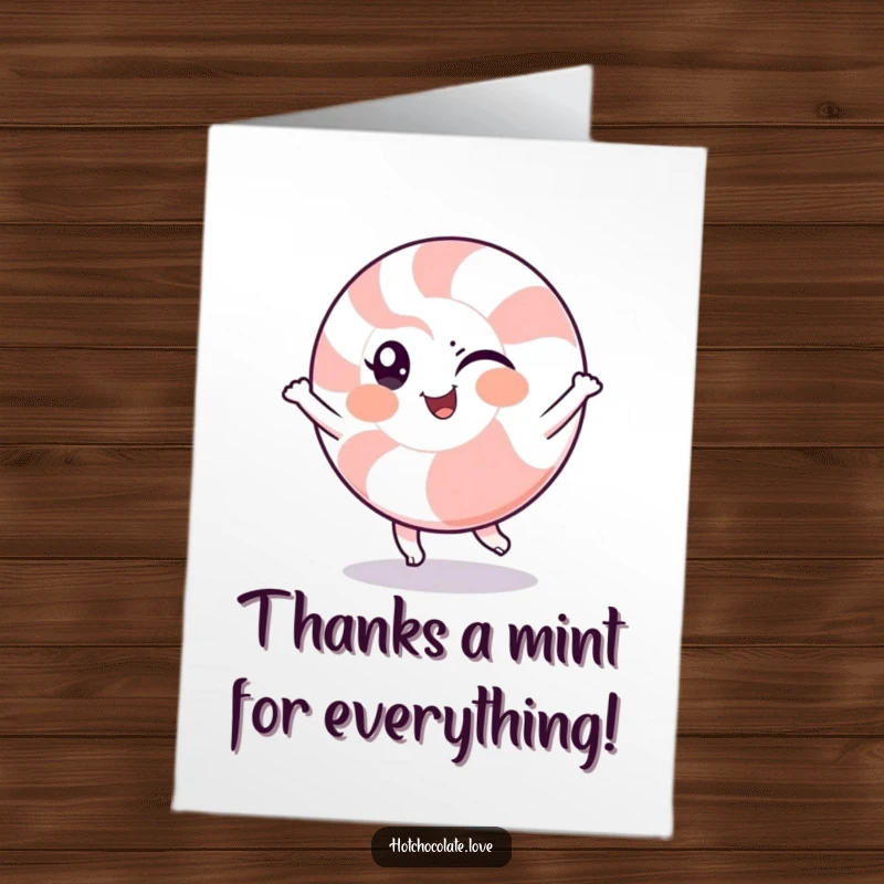 Funny Free Printable Thank You Card featuring a winking peppermint character spinning cheerfully to express thanks.