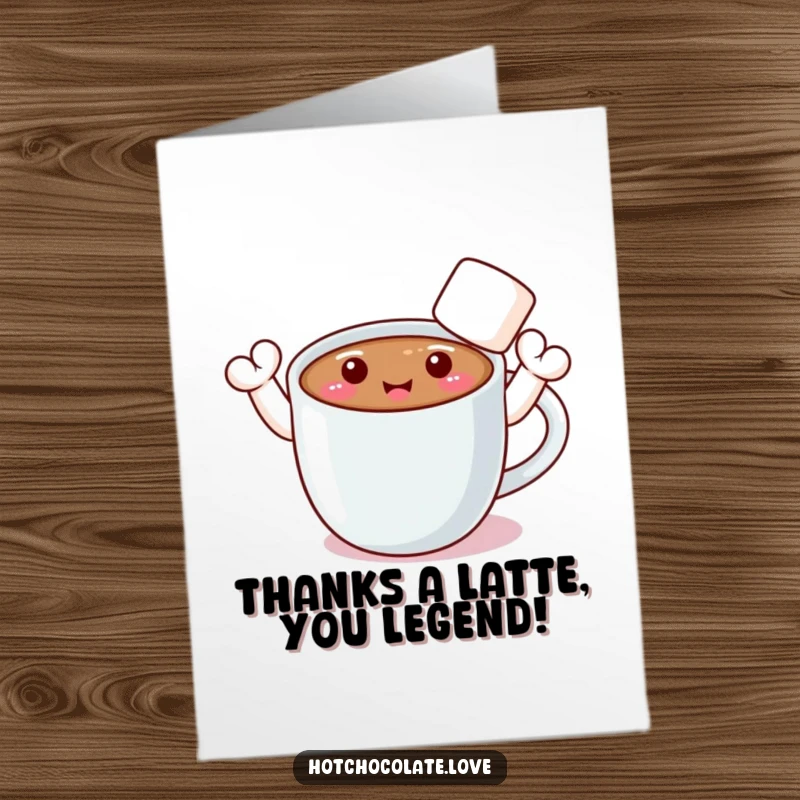 Funny Free Printable Thank You Card with a smiling hot chocolate mug and marshmallow arms waving gratefully.