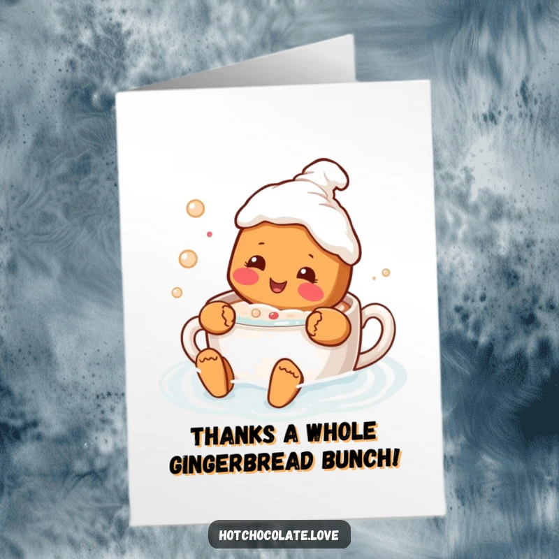 Funny Free Printable Thank You Card, a delighted gingerbread person enjoying a relaxing swim in hot chocolate.