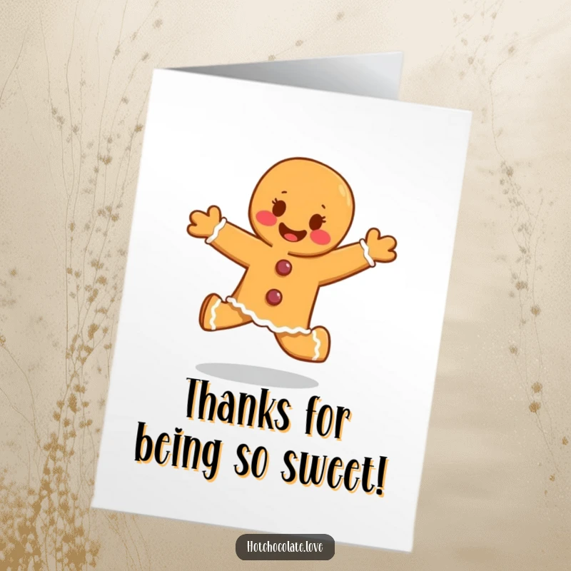 Funny Free Printable Thank You Card: A smiling gingerbread person skips joyfully, conveying heartfelt thanks.