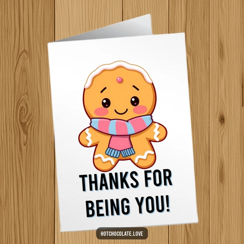 Funny Free Printable Thank You Card: A happy gingerbread cookie wearing a tiny scarf, offering warm thanks.