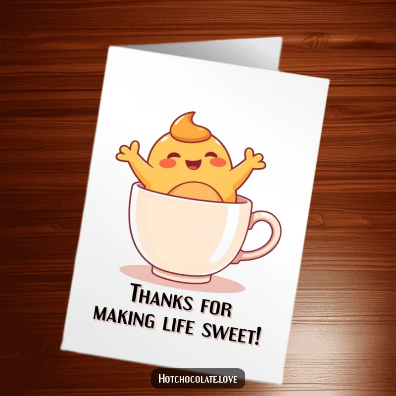 Funny free printable thank you card: A caramel blob joyfully bouncing in a warm mug, expressing thanks.