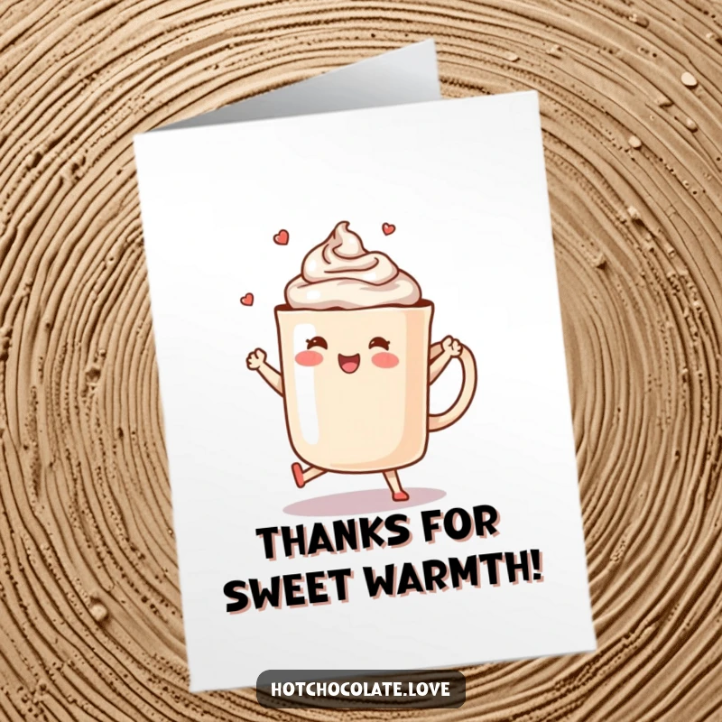 Funny Free Printable Thank You Card: A mug of steaming hot chocolate doing a jubilant happy dance, steam swirling merrily.