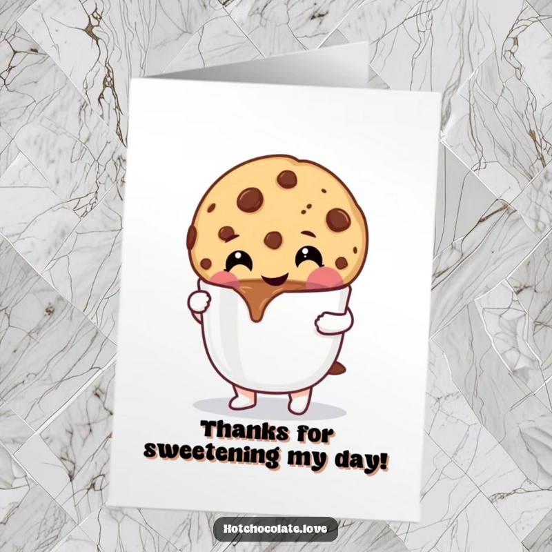 Funny Free Printable Thank You Card: A cheerful cookie character enjoys a delicious dip in hot chocolate.