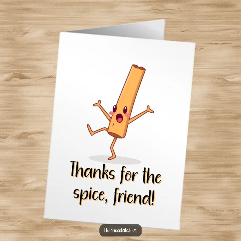 Funny Free Printable Thank You Card showing a surprised cinnamon stick person doing a cartwheel, a playful and downloadable thank you.
