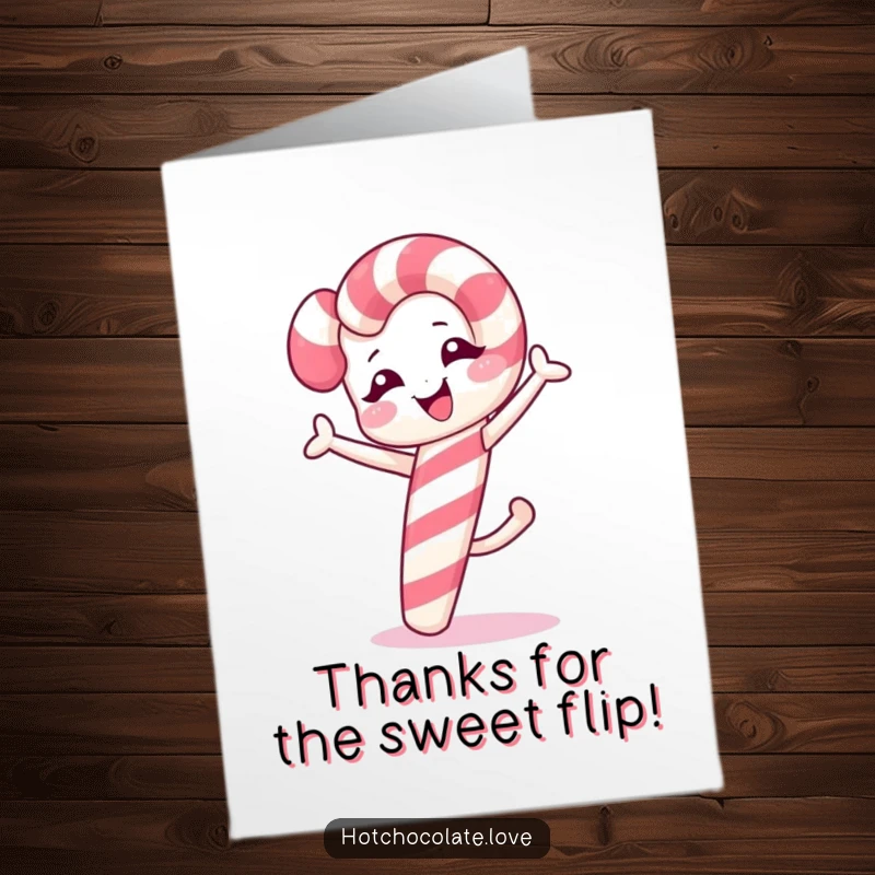 Funny free printable thank you card with a winking candy cane doing a cartwheel, expressing sweet appreciation.
