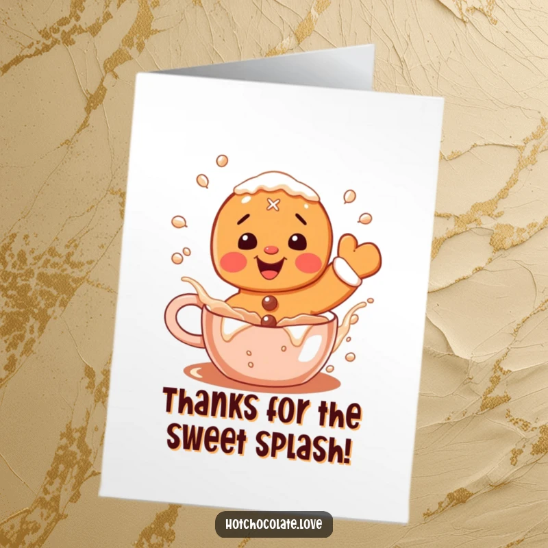 Funny Free Printable Thank You Card: A delighted gingerbread man playfully splashes within a mug of hot cocoa.