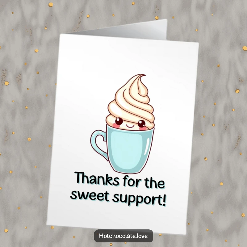 Funny free printable thank you card of a cheerful whipped cream swirl character popping out of a mug with thanks.