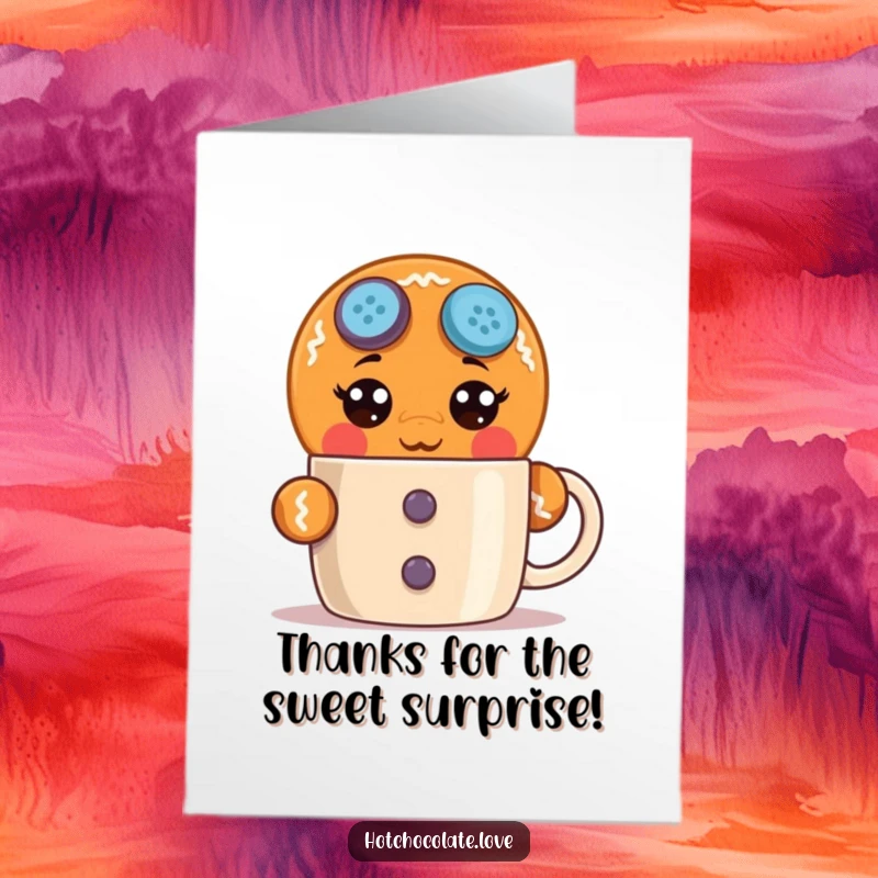 Funny Free Printable Thank You Card: Surprised gingerbread man peeking over a mug, expressing shock, perfect for laughs.