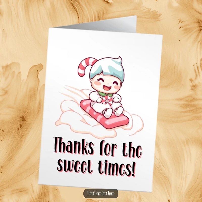Funny Free Printable Thank You Card with a candy cane adventuring down whipped cream, a sweet and humorous thank you.