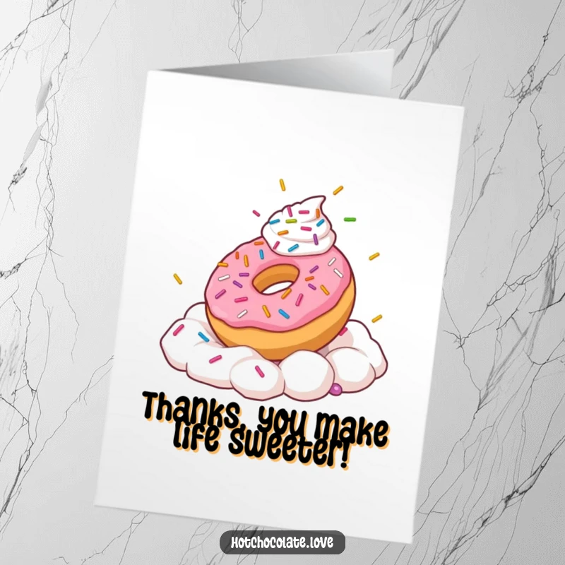 Funny Free Printable Thank You Card: A playful donut with sprinkles frolicking in whipped cream, sending thanks.
