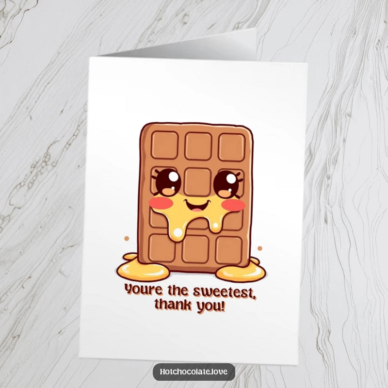 Funny Free Printable thank you card featuring a chocolate bar happily melting, conveying thanks with sweet, humorous charm.