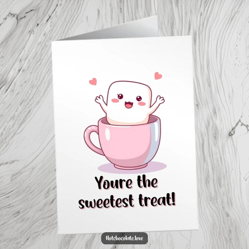 Funny Free Printable Thank You Card: A cheerful marshmallow waves a friendly hello from a mug, expressing heartfelt thanks.