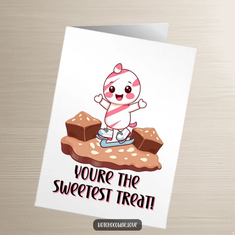 Funny free printable thank you card featuring a smiling candy cane ice skating on chocolate, expressing appreciation.