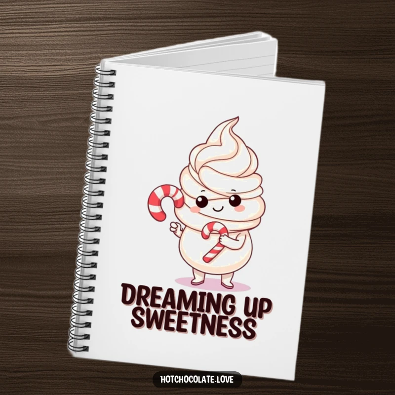 Funny whipped cream character proudly holding a little candy cane, featured on a notebook cover, ideal for jotting down festive thoughts.