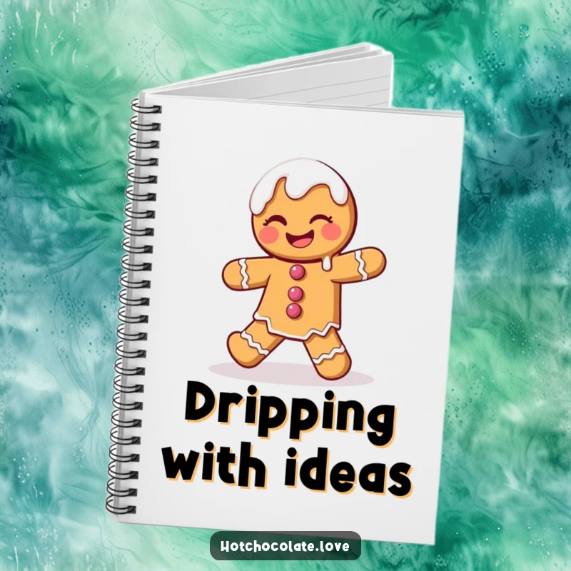 Funny Gingerbread Man Notebook depicting a winking character doing a playful dance with dripping icing, perfect for jotting notes.