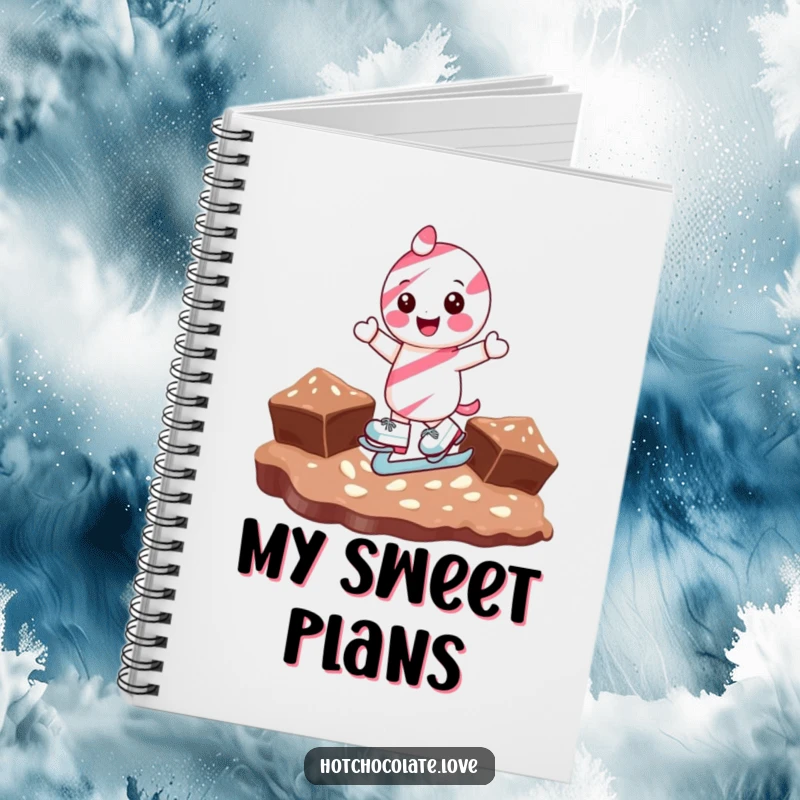 Funny candy cane character ice skating on chocolate, illustrated in a notebook for jotting down funny thoughts and ideas.