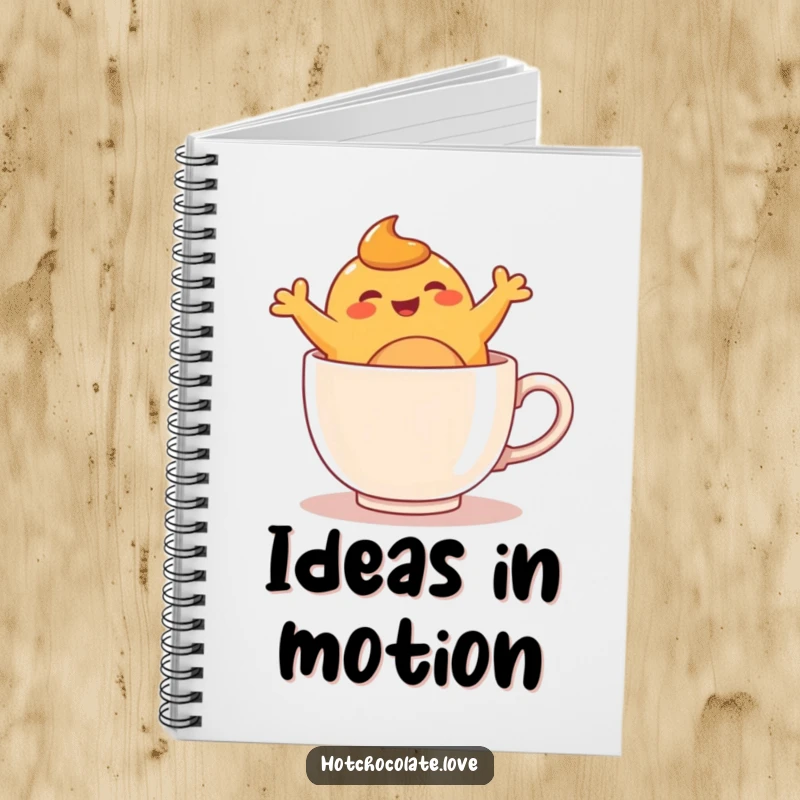 Funny caramel blob character bouncing inside a mug on a notebook cover, inspiring cheerful note-taking.