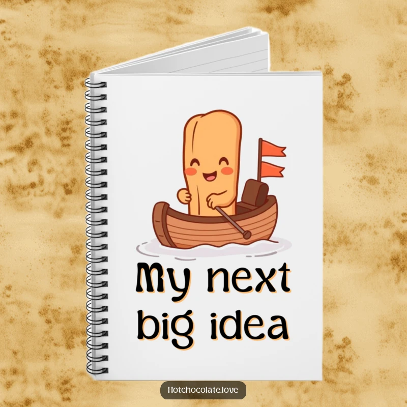 Funny cinnamon stick rowing a miniature chocolate boat on a notebook cover, encouraging creative and humorous note-taking.