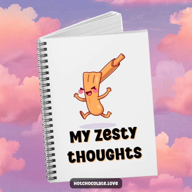 Funny cinnamon stick character doing a mischievous hop, featured on a notebook cover, ideal for jotting energetic plans.