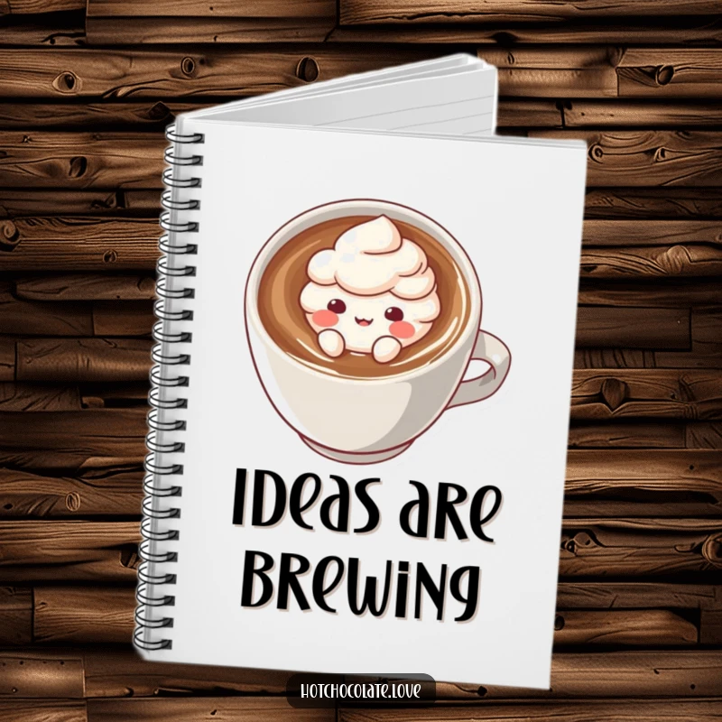 Funny notebook with a cute cocoa powder puff character floating in a hot drink, perfect for journaling, planning, and doodling.